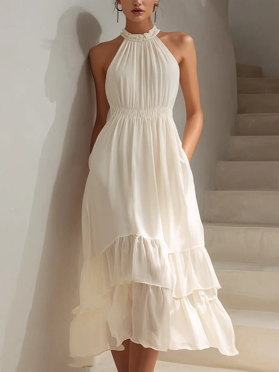 Ivory Halter Neck Tiered Midi Dress sold by Mooyius