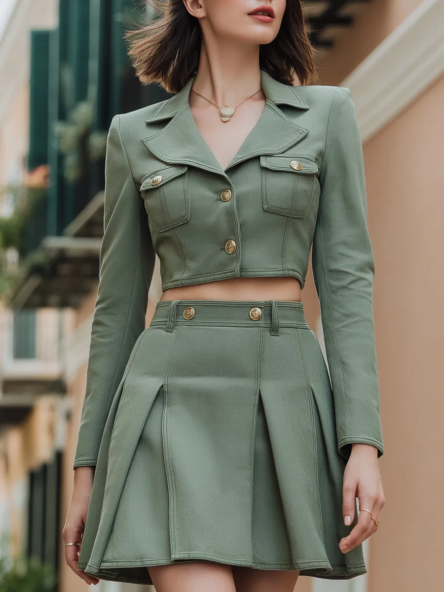 Olive Green Cropped Blazer & Pleated Mini Skirt Set sold by Mooyius
