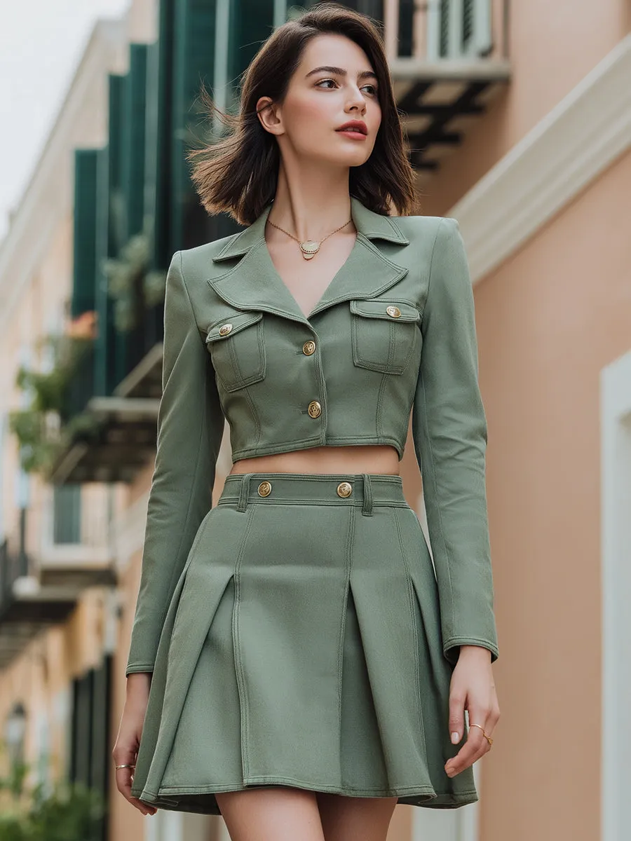 Olive Green Cropped Blazer & Pleated Mini Skirt Set sold by Mooyius product image thumbnail 2