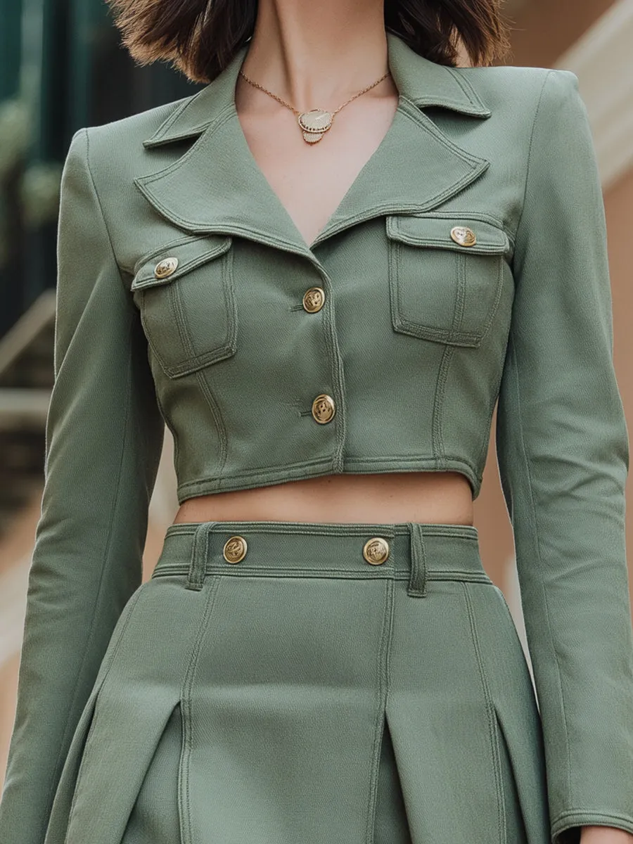 Olive Green Cropped Blazer & Pleated Mini Skirt Set sold by Mooyius product image thumbnail 3