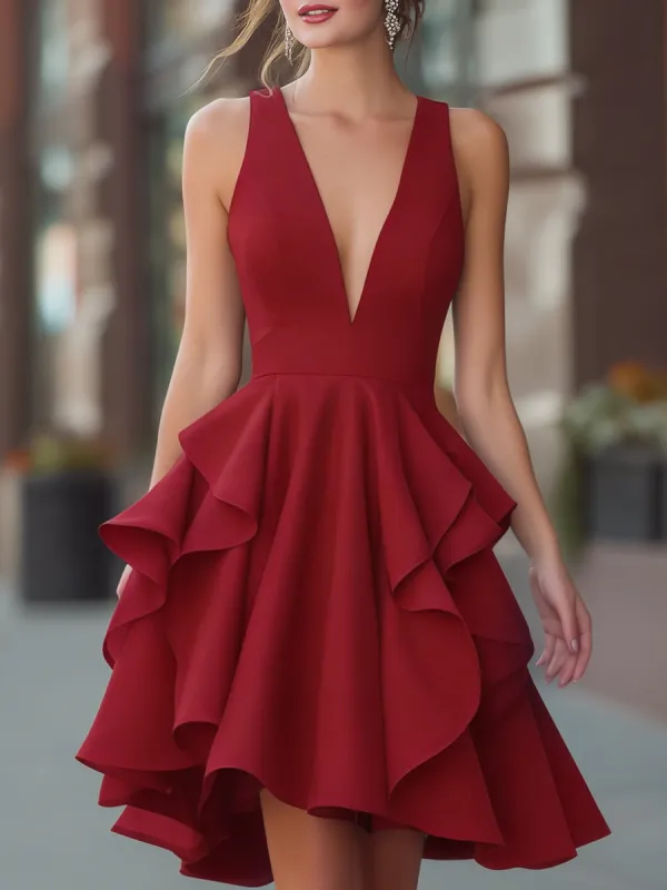 Sleeveless Ruffled V-Neck A-Line Dress made by Mooyius