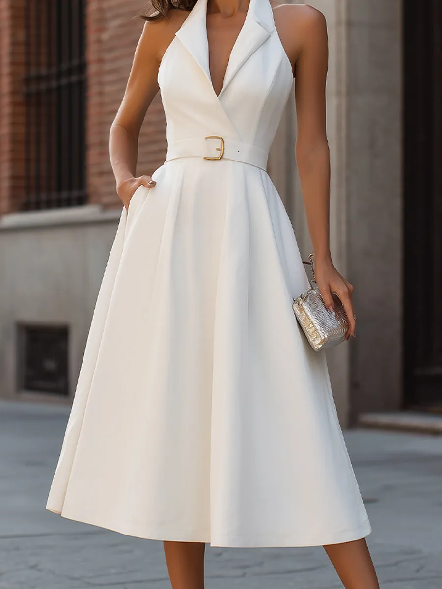 White Belted Halter Neck Midi Dress sold by Mooyius product image thumbnail 4