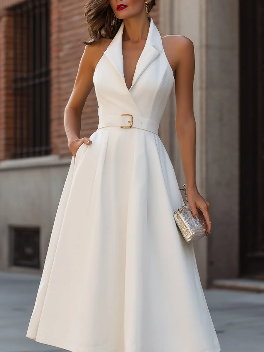 White Belted Halter Neck Midi Dress sold by Mooyius product image thumbnail 3