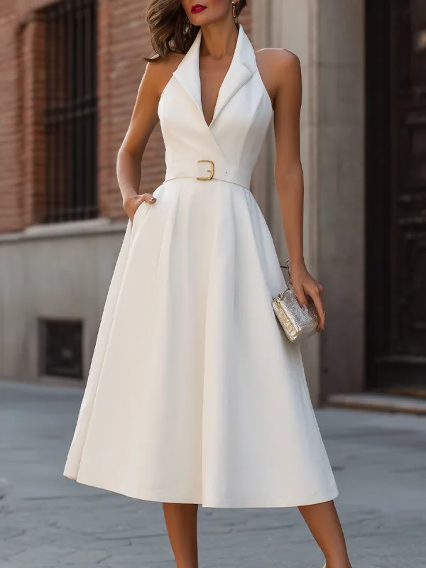 White Belted Halter Neck Midi Dress made by Mooyius