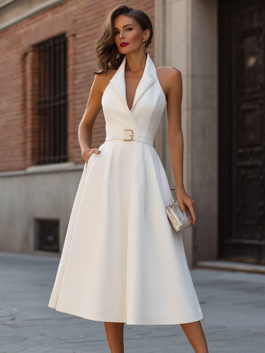 White Belted Halter Neck Midi Dress sold by Mooyius product image thumbnail 2