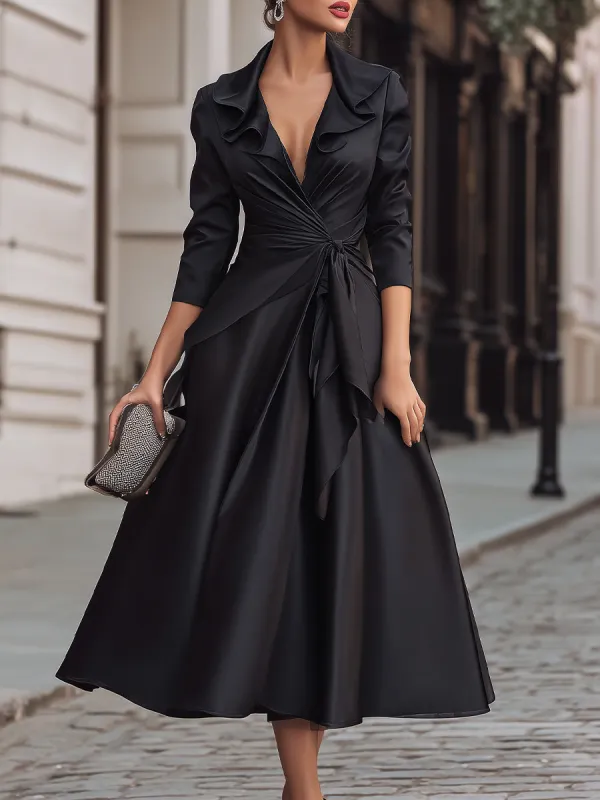 Black Satin Wrap Dress With Ruffled Collar made by Mooyius
