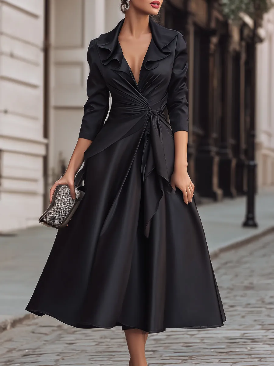 Black Satin Wrap Dress With Ruffled Collar sold by Mooyius