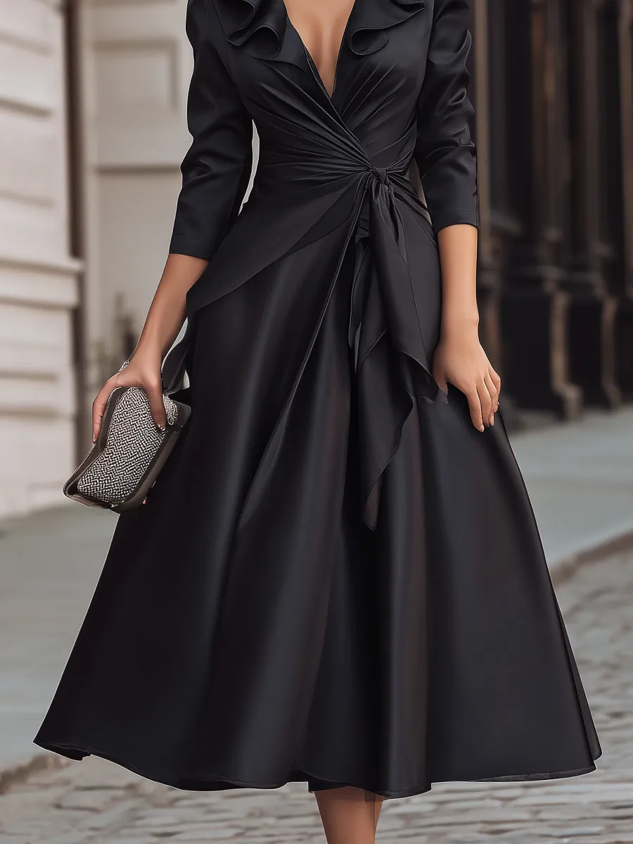 Black Satin Wrap Dress With Ruffled Collar sold by Mooyius product image thumbnail 4