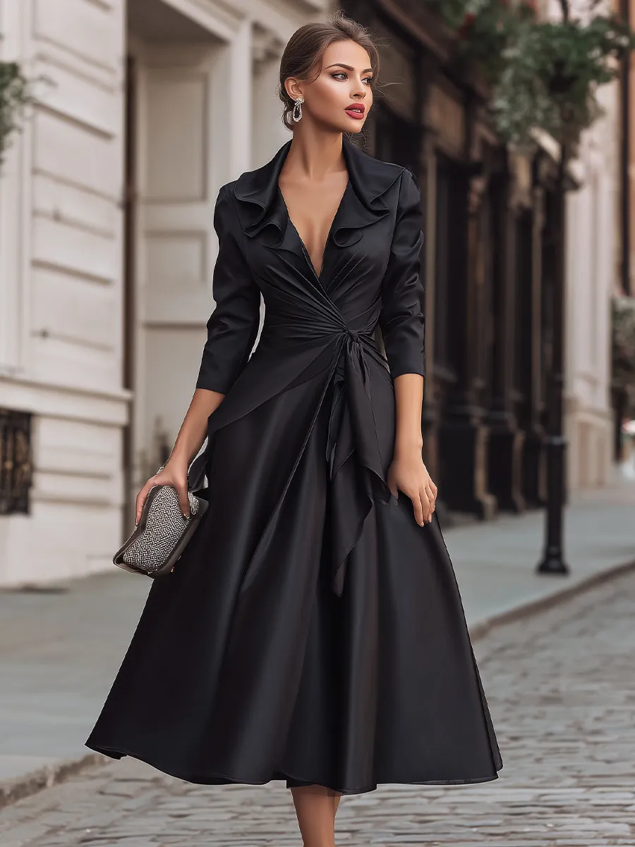 Black Satin Wrap Dress With Ruffled Collar sold by Mooyius product image thumbnail 2