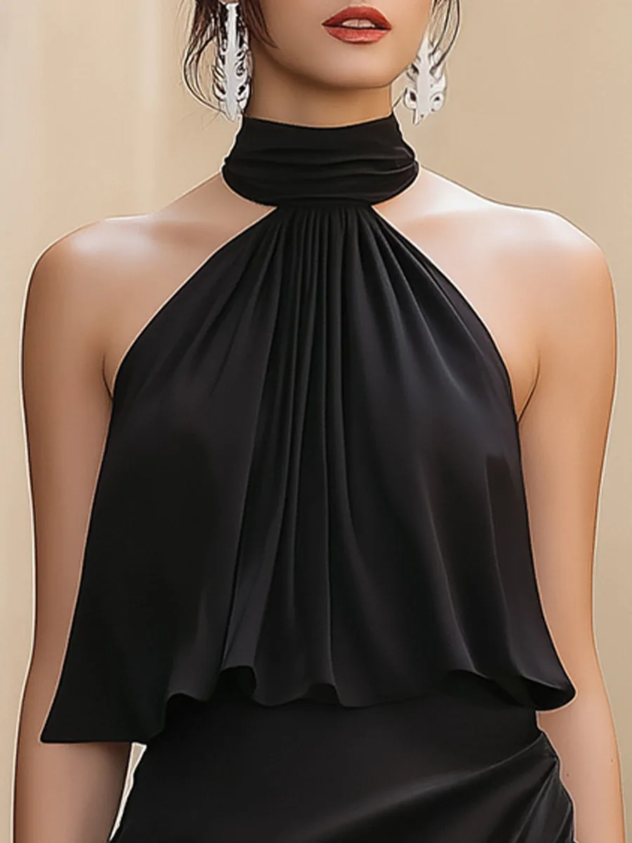 Elegant Black Satin Halter Neck Ruched Mini Dress sold by Mooyius product image thumbnail 4