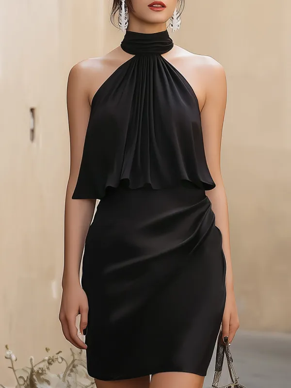 Elegant Black Satin Halter Neck Ruched Mini Dress made by Mooyius