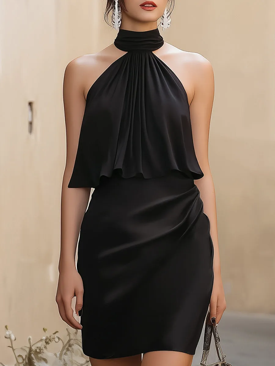 Elegant Black Satin Halter Neck Ruched Mini Dress sold by Mooyius