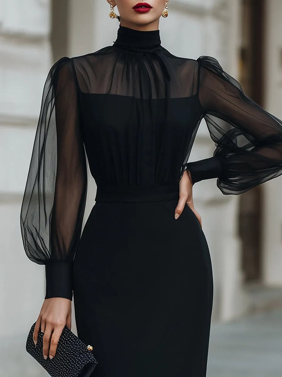 High-Neck Sheer Sleeve Tailored Midi Dress sold by Mooyius product image thumbnail 4