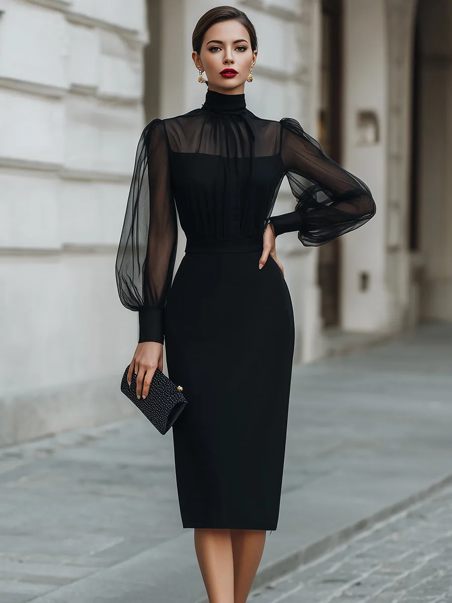 High-Neck Sheer Sleeve Tailored Midi Dress sold by Mooyius product image thumbnail 2