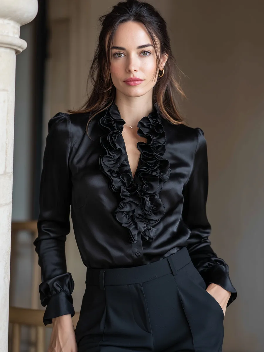Black Satin Ruffled V-Neck Long Sleeve Blouse sold by Mooyius product image thumbnail 2