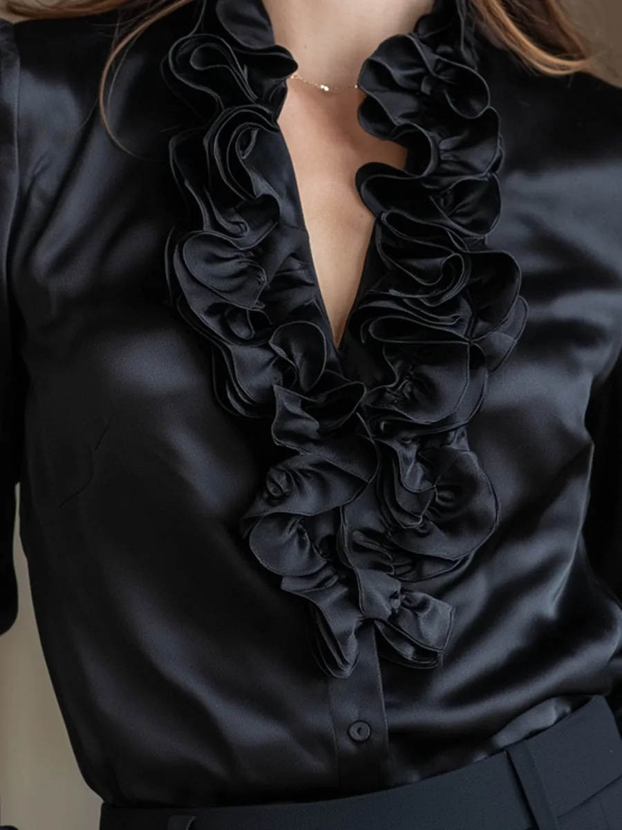 Black Satin Ruffled V-Neck Long Sleeve Blouse sold by Mooyius product image thumbnail 3