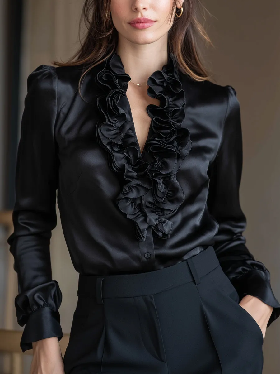 Black Satin Ruffled V-Neck Long Sleeve Blouse sold by Mooyius