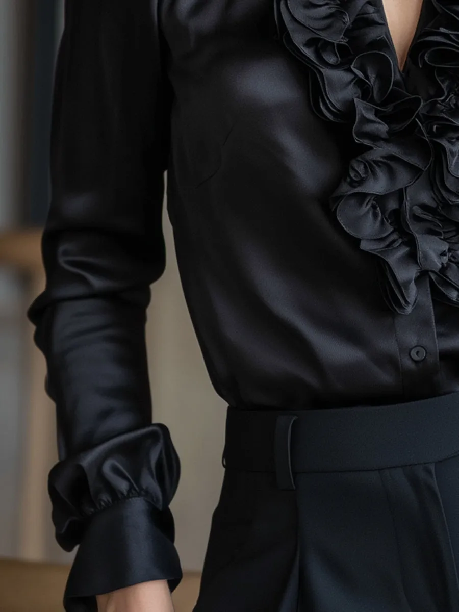 Black Satin Ruffled V-Neck Long Sleeve Blouse sold by Mooyius product image thumbnail 4