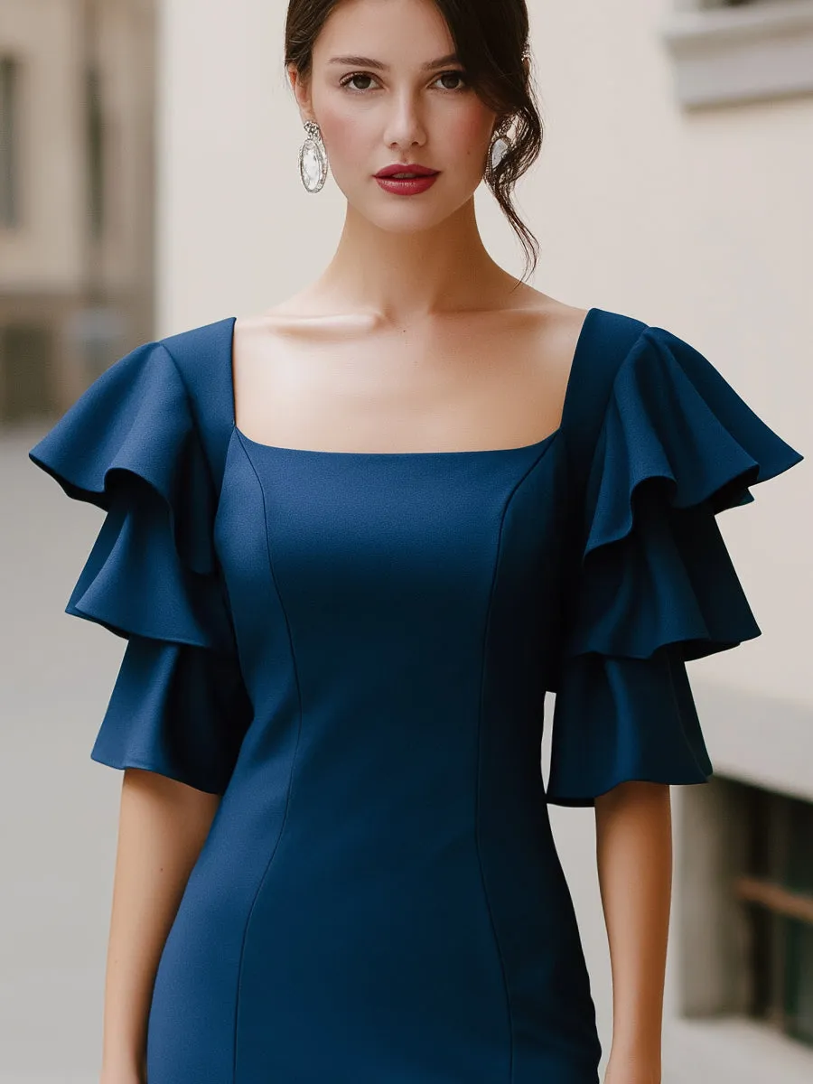 Square Neck Ruffle Sleeve Fitted Midi Dress sold by Mooyius product image thumbnail 3