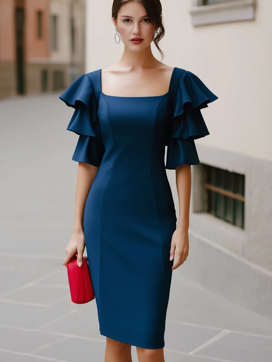Square Neck Ruffle Sleeve Fitted Midi Dress sold by Mooyius product image thumbnail 2
