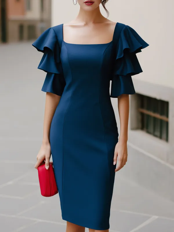 Square Neck Ruffle Sleeve Fitted Midi Dress made by Mooyius