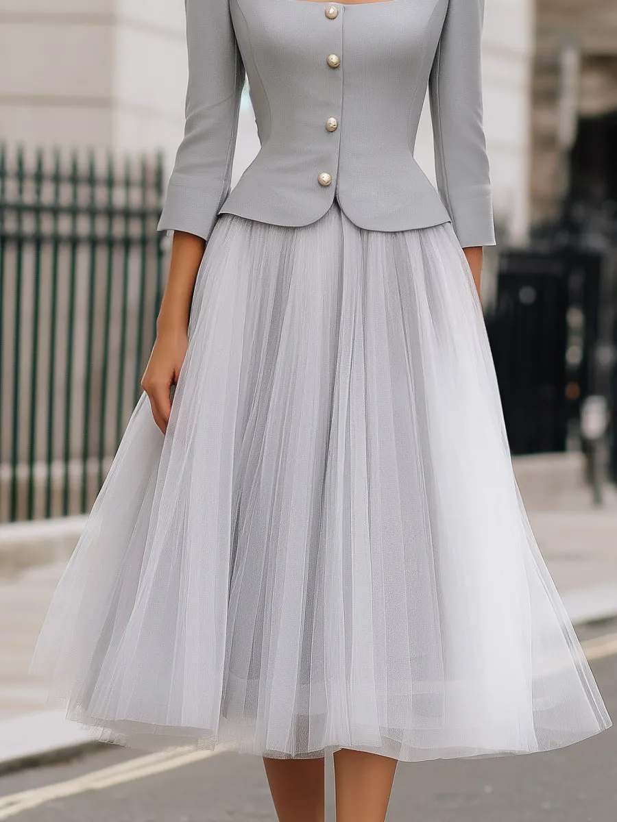 Square-Neck Top & Tulle Midi Skirt Two-Piece Set sold by Mooyius product image thumbnail 3