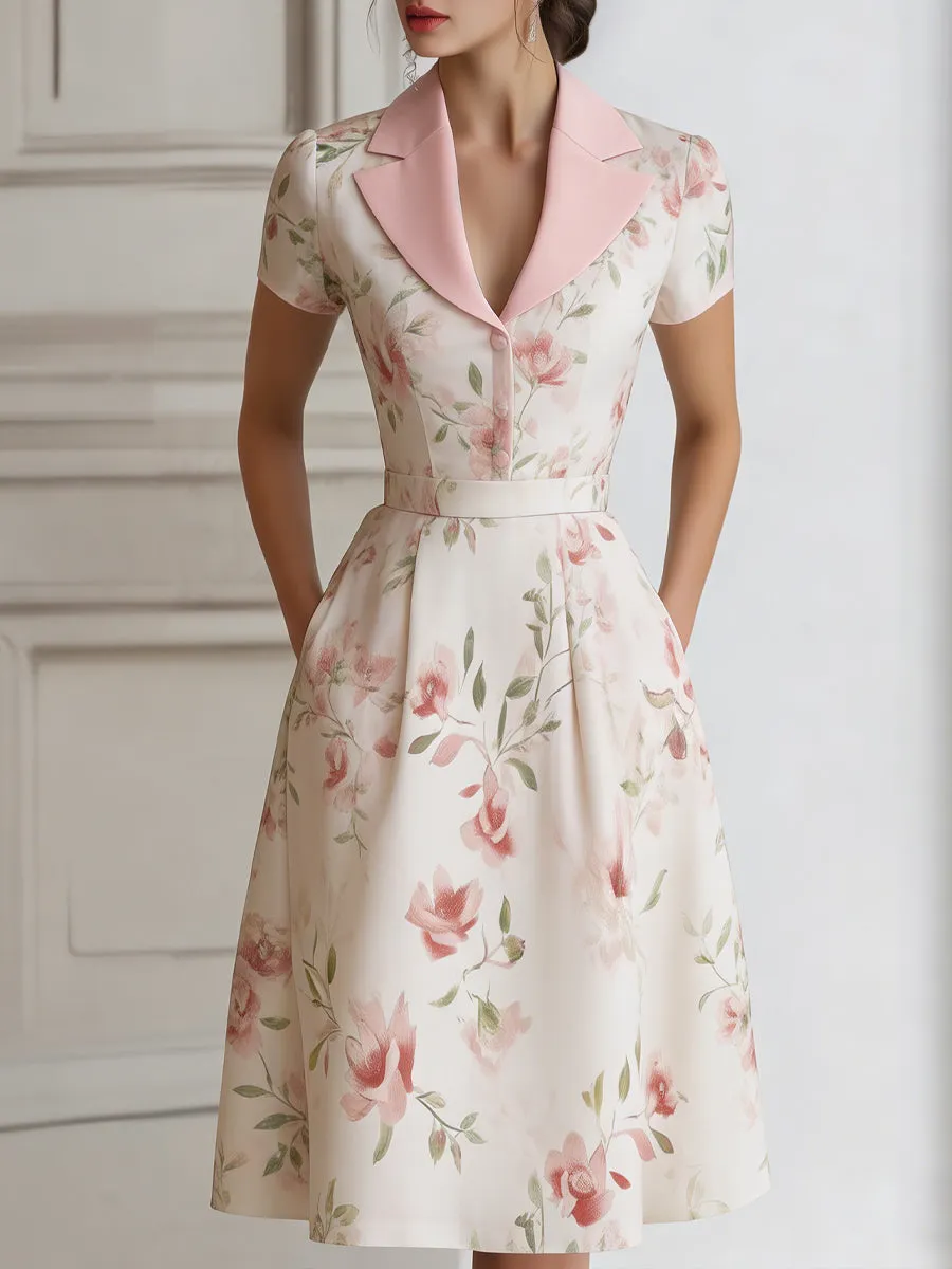 Floral Lapel Short Sleeve Midi Dress With Tailored Waist sold by Mooyius product image thumbnail 2