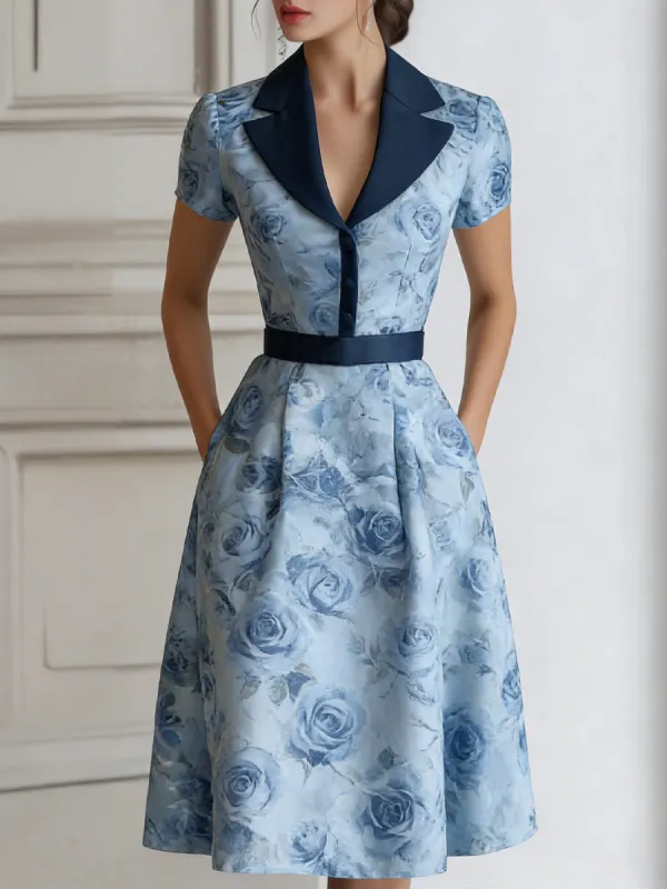Floral Lapel Short Sleeve Midi Dress With Tailored Waist made by Mooyius