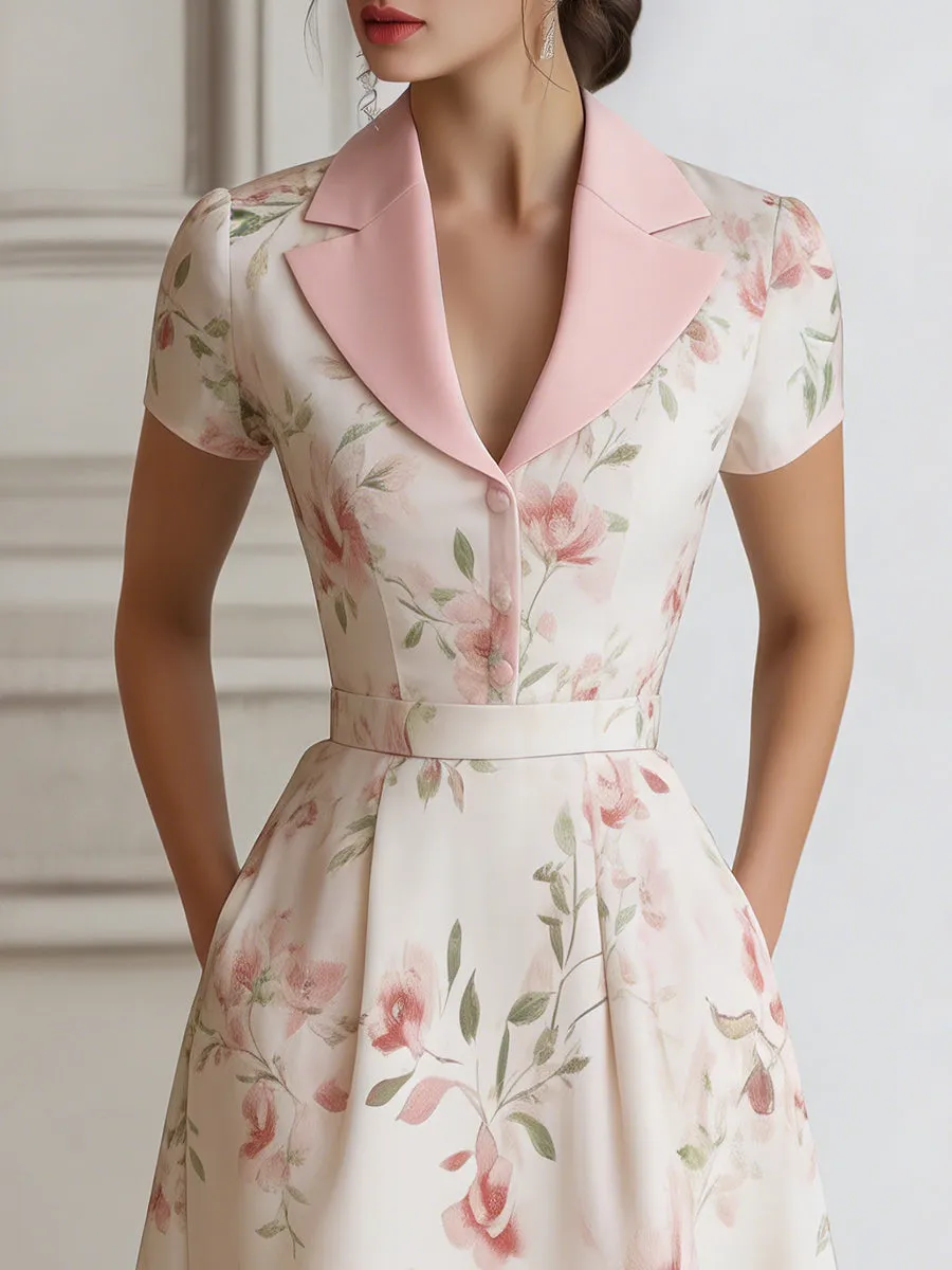 Floral Lapel Short Sleeve Midi Dress With Tailored Waist sold by Mooyius product image thumbnail 5