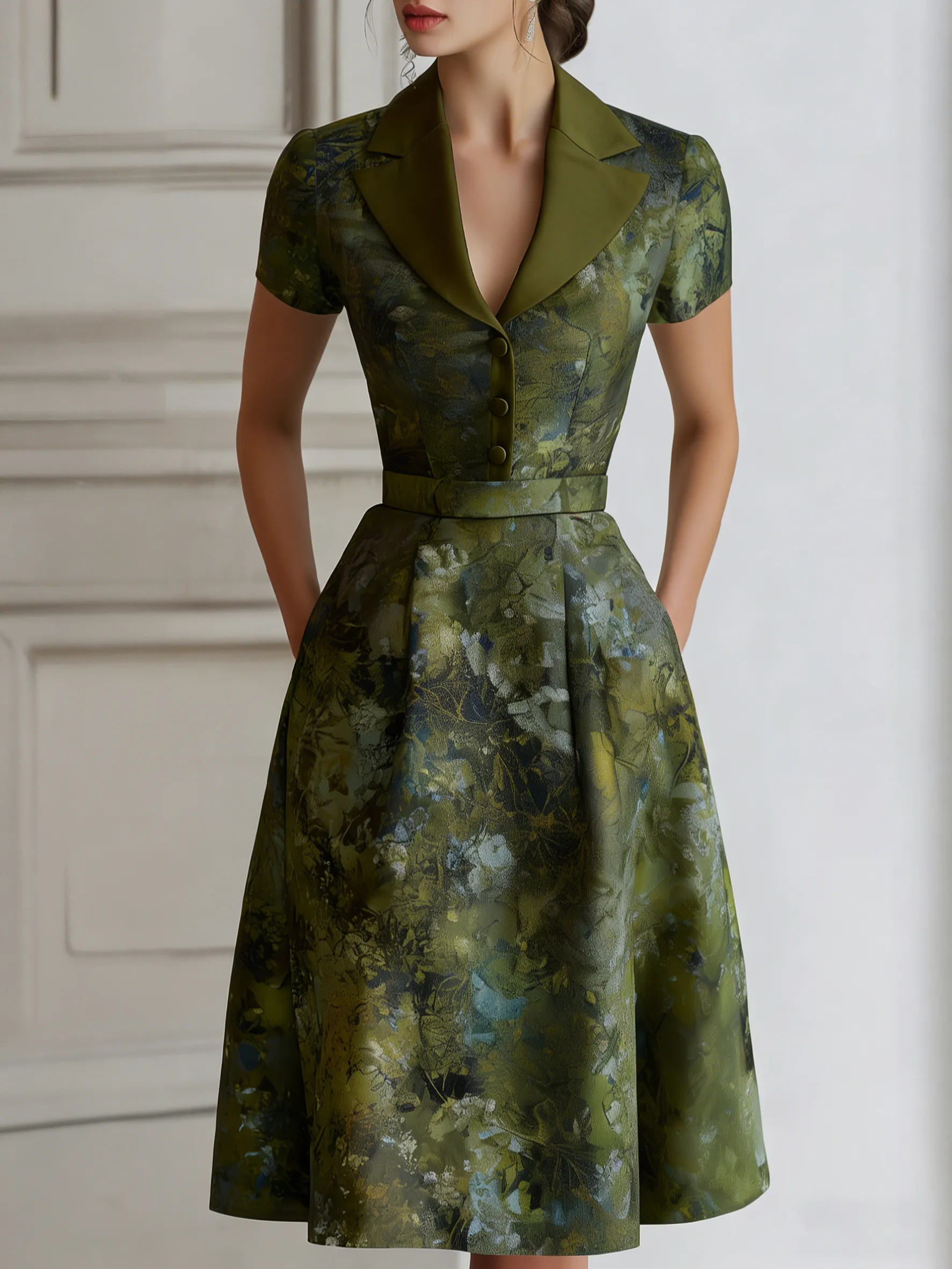 Floral Lapel Short Sleeve Midi Dress With Tailored Waist sold by Mooyius product image thumbnail 4
