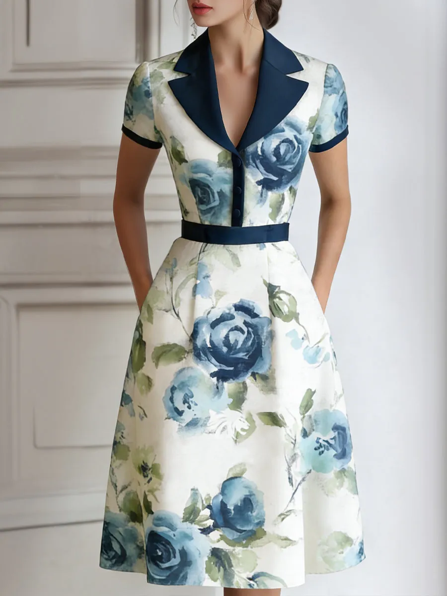 Floral Lapel Short Sleeve Midi Dress With Tailored Waist sold by Mooyius product image thumbnail 3
