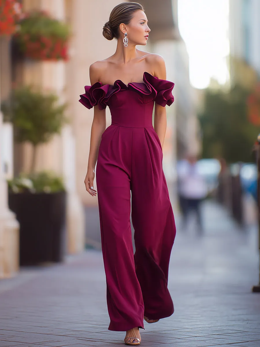 Burgundy Off-Shoulder Ruffled Wide-Leg Jumpsuit sold by Mooyius product image thumbnail 2