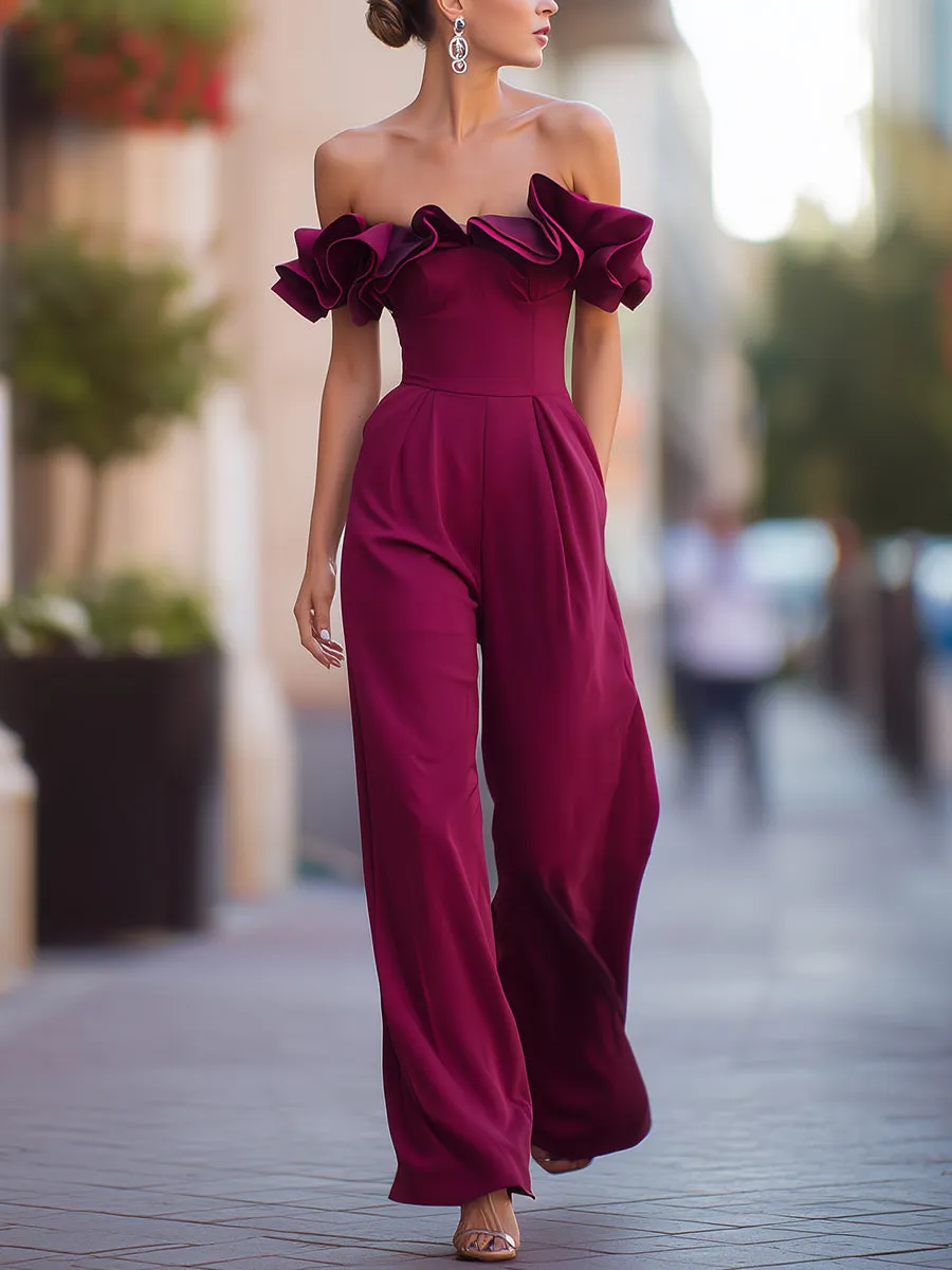 Burgundy Off-Shoulder Ruffled Wide-Leg Jumpsuit sold by Mooyius