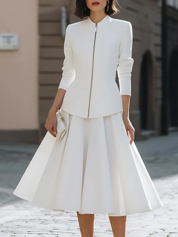 Zip-Front Tailored Jacket And Midi Skirt Set sold by Mooyius