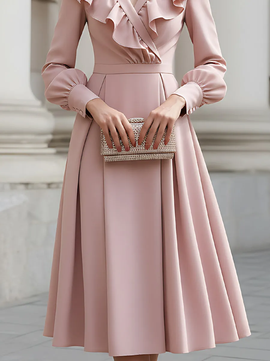 Ruffled Wrap-Neck Long Sleeve Midi Dress sold by Mooyius product image thumbnail 4