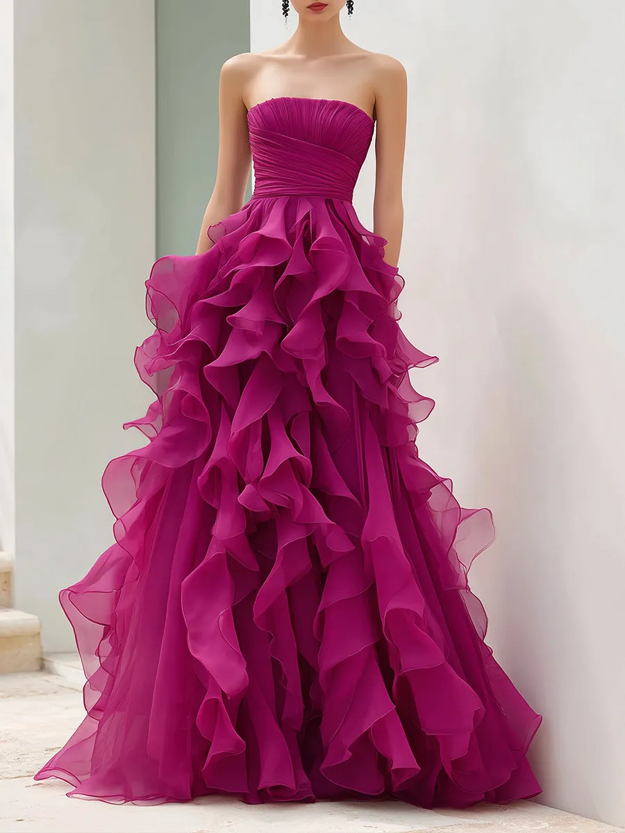 Strapless Magenta Ruffled Ball Gown sold by Mooyius