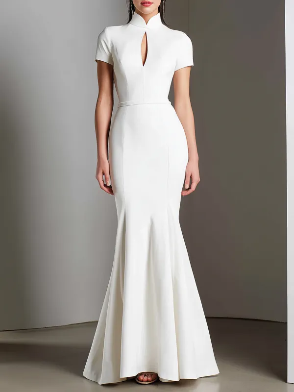 White Mandarin Collar Mermaid Dress With Keyhole Detail made by Mooyius