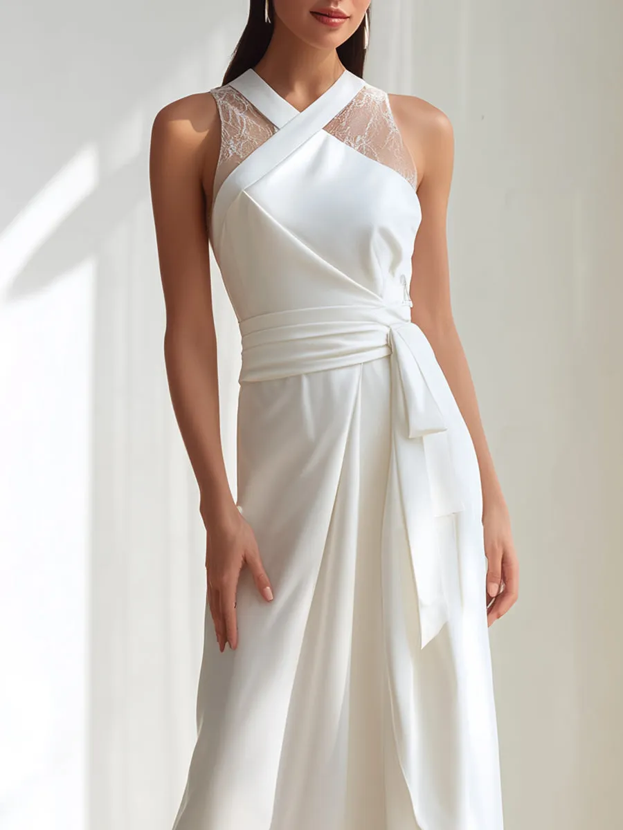 White Cross-Neck Lace Panel Wrap Maxi Dress sold by Mooyius product image thumbnail 3