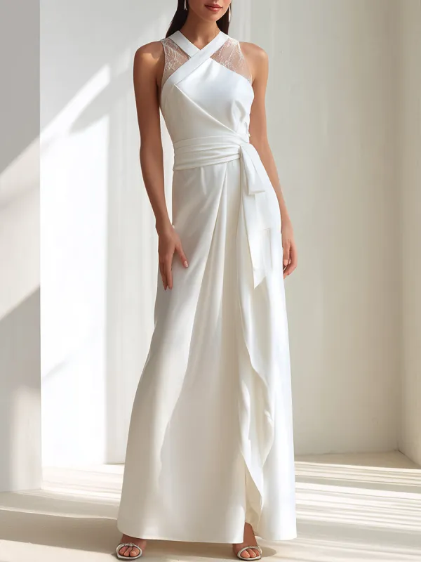 White Cross-Neck Lace Panel Wrap Maxi Dress made by Mooyius