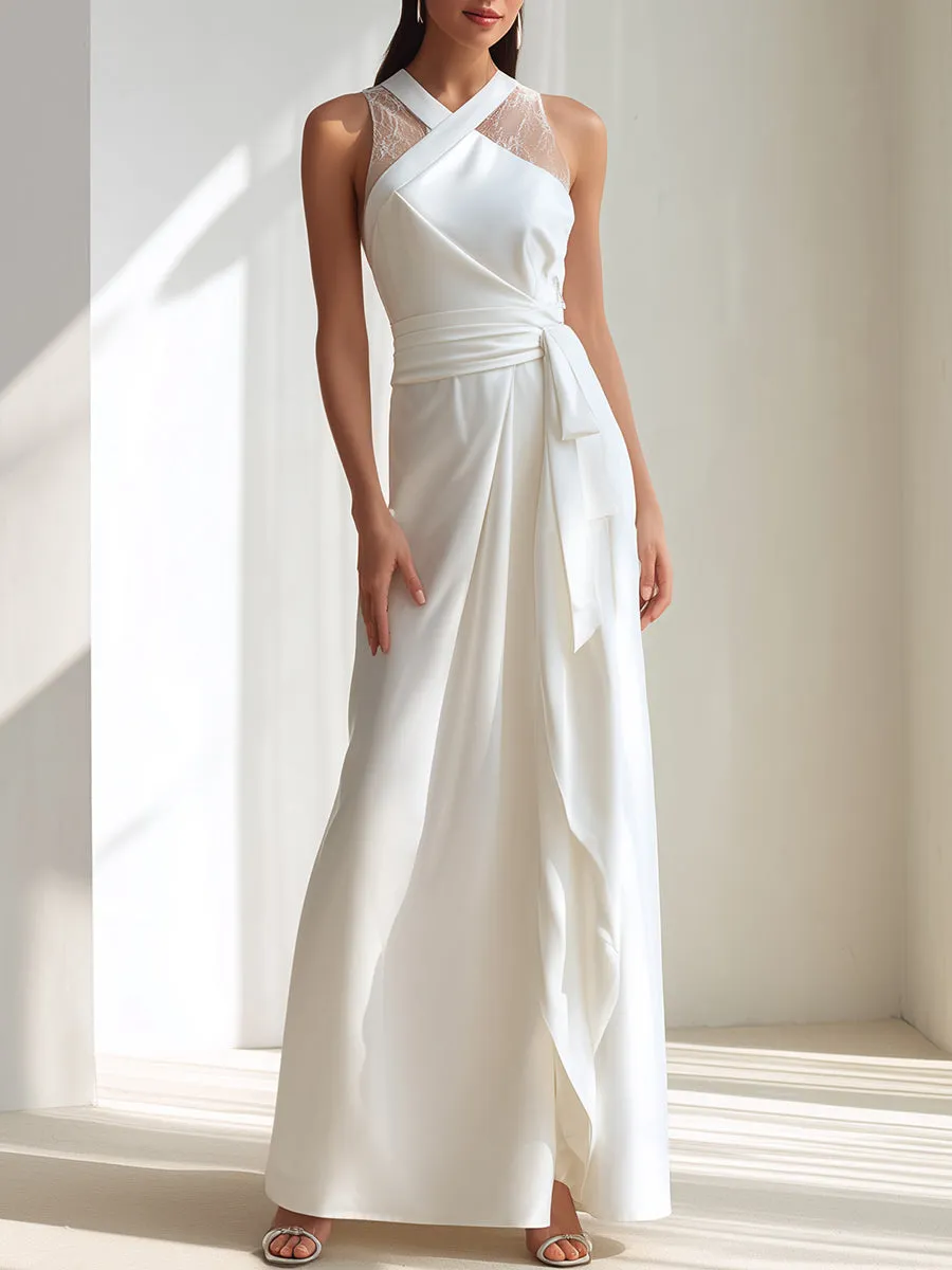 White Cross-Neck Lace Panel Wrap Maxi Dress sold by Mooyius