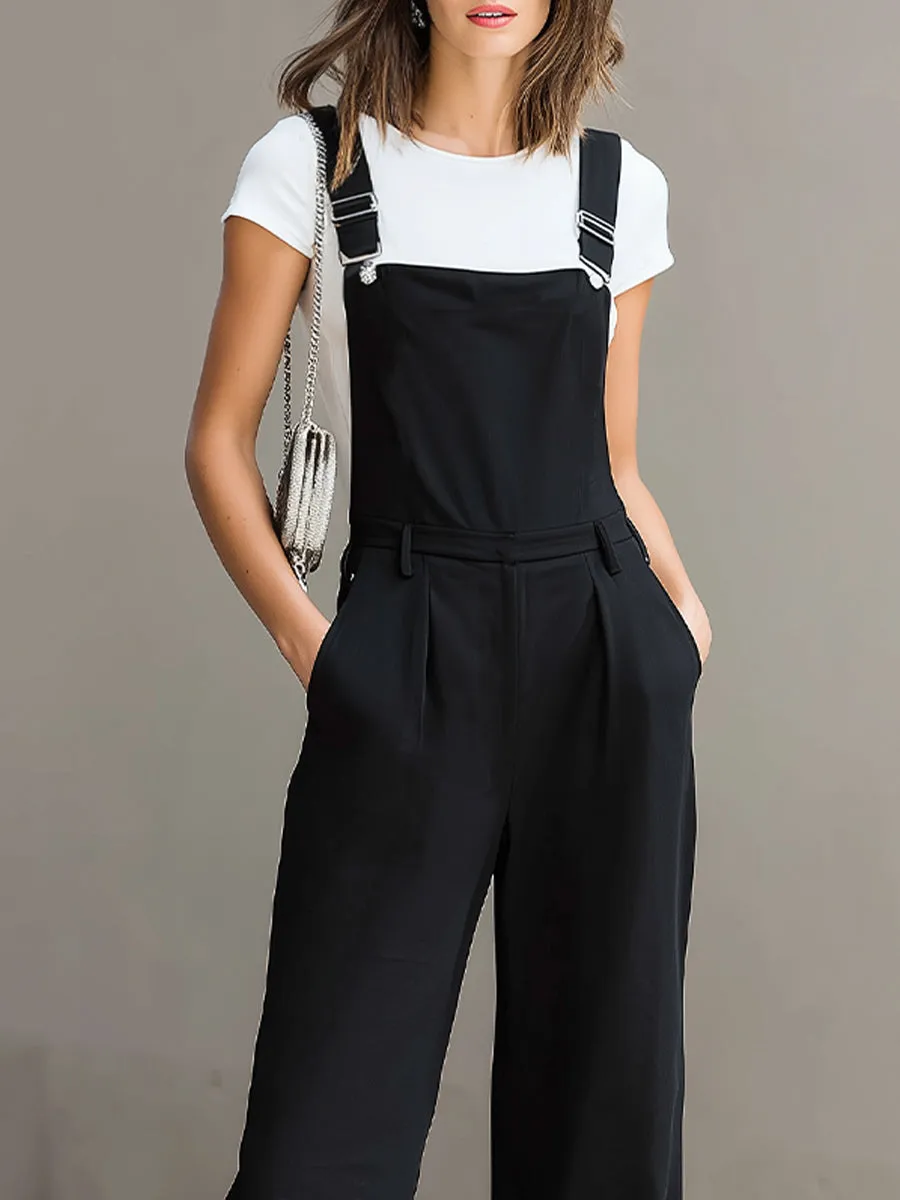 Black Wide-Leg Suspender Jumpsuit - Polished Smart-Casual Workwear Ensemble sold by Mooyius product image thumbnail 2