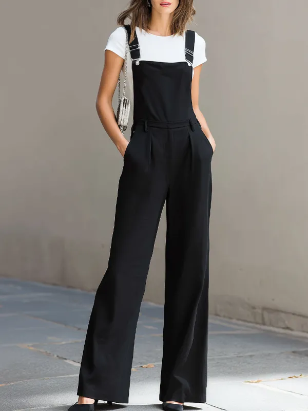 Black Wide-Leg Suspender Jumpsuit - Polished Smart-Casual Workwear Ensemble sold by Mooyius