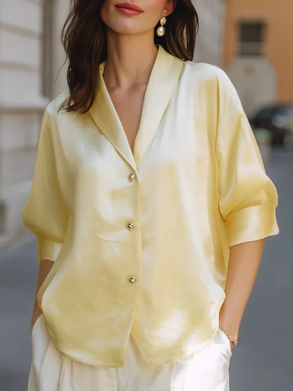 Elegant Soft Yellow Satin Button-Front Blouse With Relaxed Silhouette sold by Mooyius
