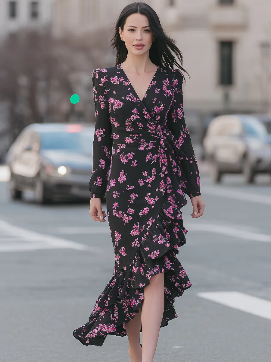 Black & Fuchsia Floral Wrap Midi Dress – Bold Romanticism For Head-Turning Style sold by Mooyius product image thumbnail 2