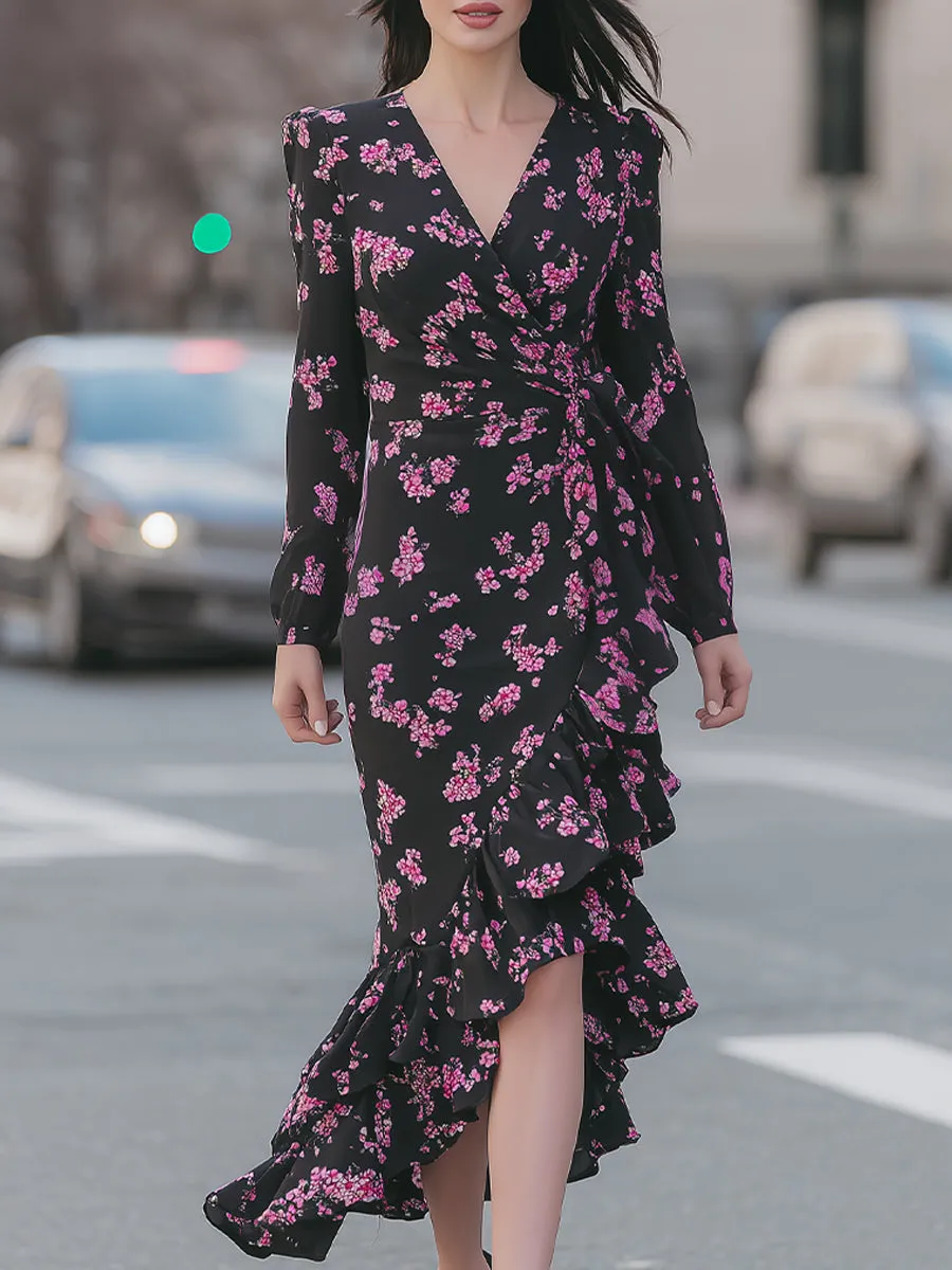 Black & Fuchsia Floral Wrap Midi Dress – Bold Romanticism For Head-Turning Style sold by Mooyius