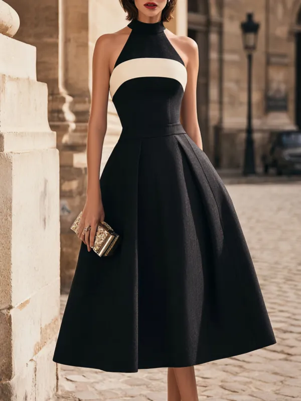 Halter Neck Contrast Panel A-Line Midi Dress made by Mooyius