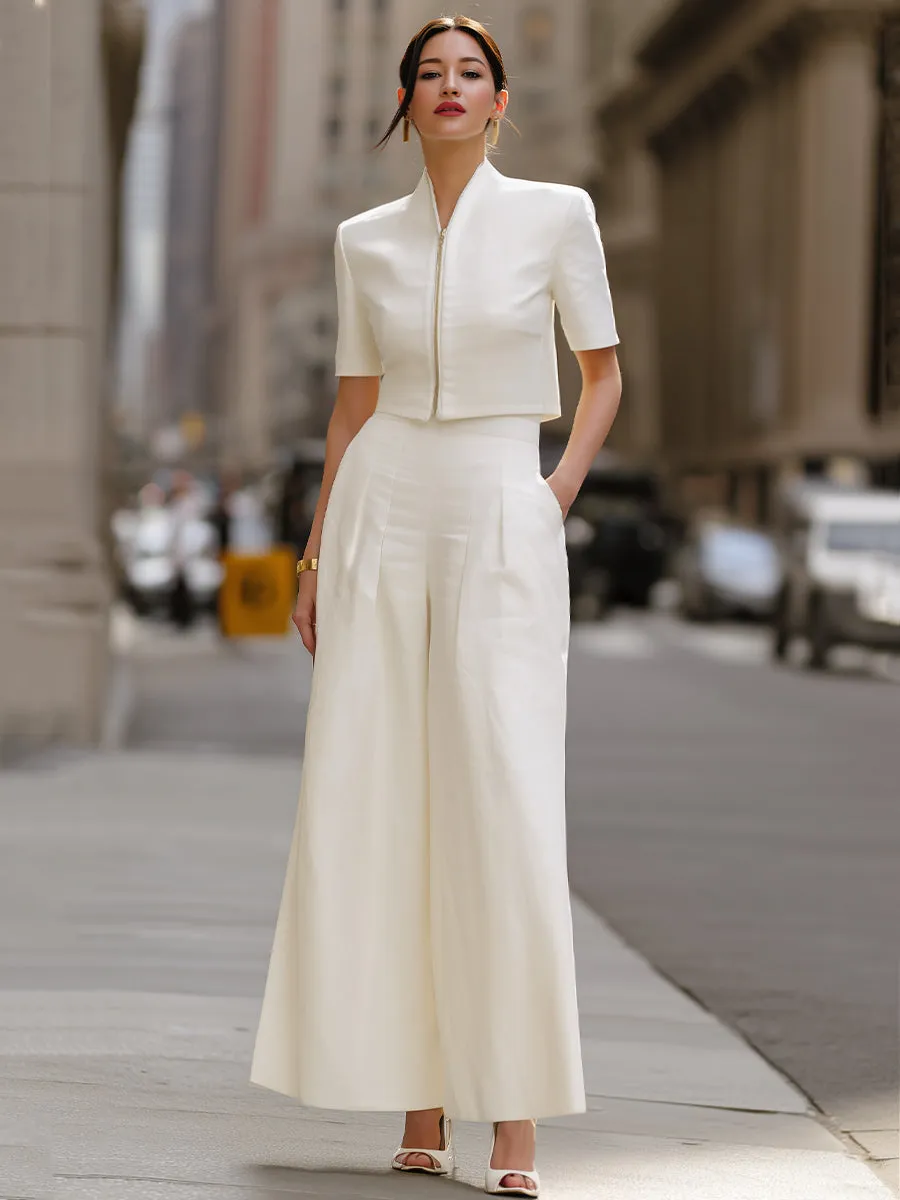 Modern Structured Two-Piece Set – Cropped Zip-Front Jacket & Wide-Leg Trousers sold by Mooyius product image thumbnail 2