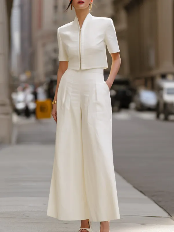Modern Structured Two-Piece Set – Cropped Zip-Front Jacket & Wide-Leg Trousers sold by Mooyius
