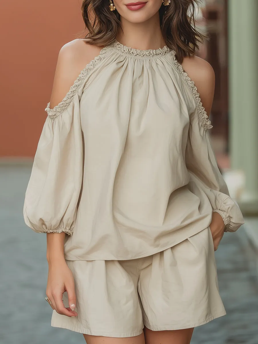 Ruffled Cold-Shoulder Blouse And Shorts Two-Piece Set sold by Mooyius