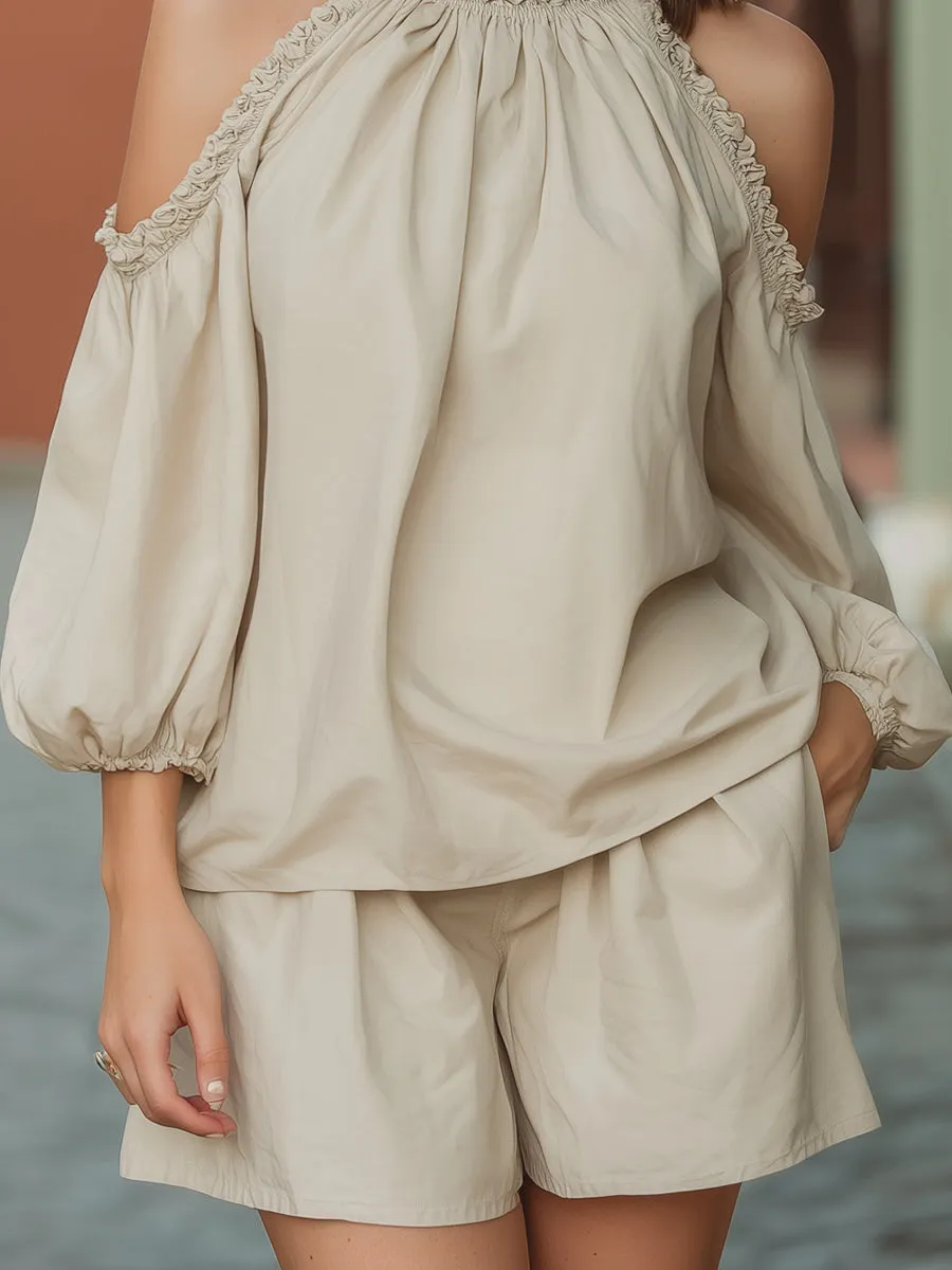 Ruffled Cold-Shoulder Blouse And Shorts Two-Piece Set sold by Mooyius product image thumbnail 4